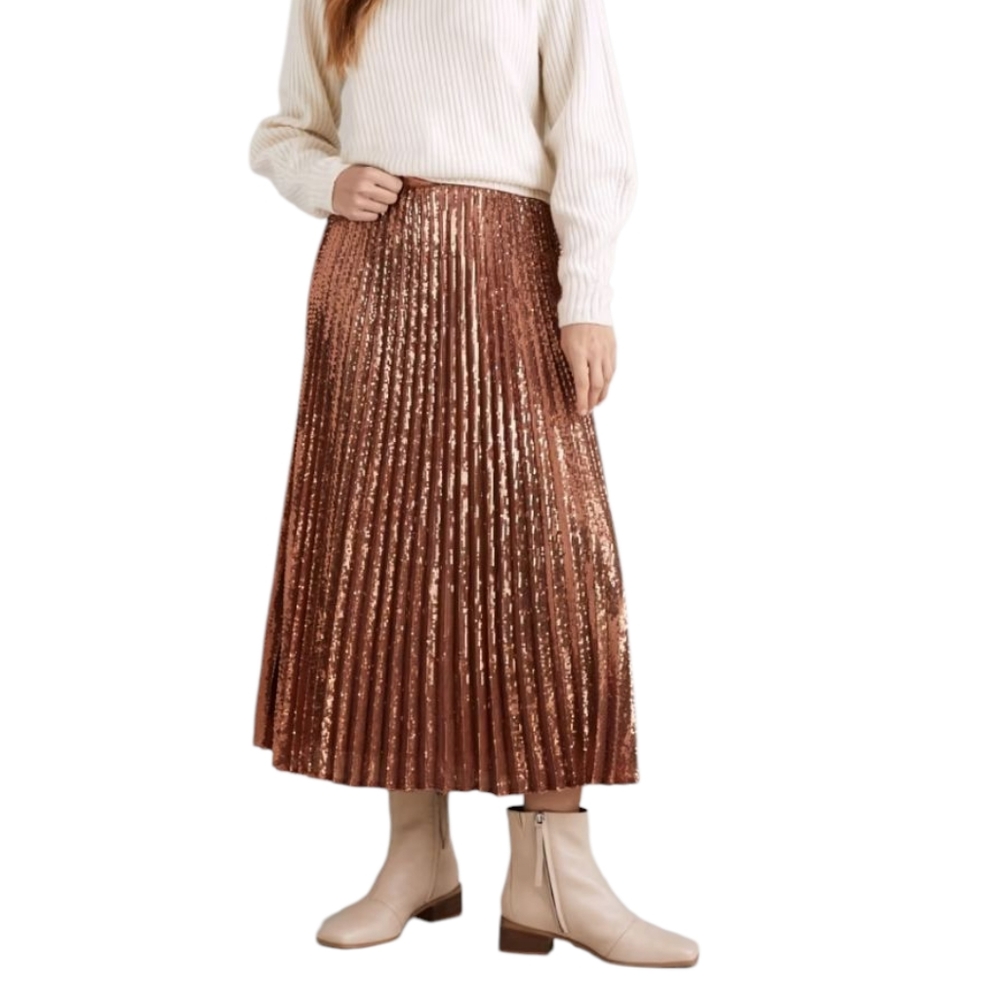WD·NY Rose Gold Sequin Pleated Midi Skirt Rose/Gold 81883 Size L NEW